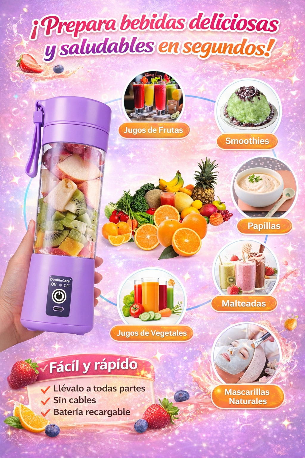 Mini Licuadora Portátil Recargable 380ml – Batidos en 40 Segundos