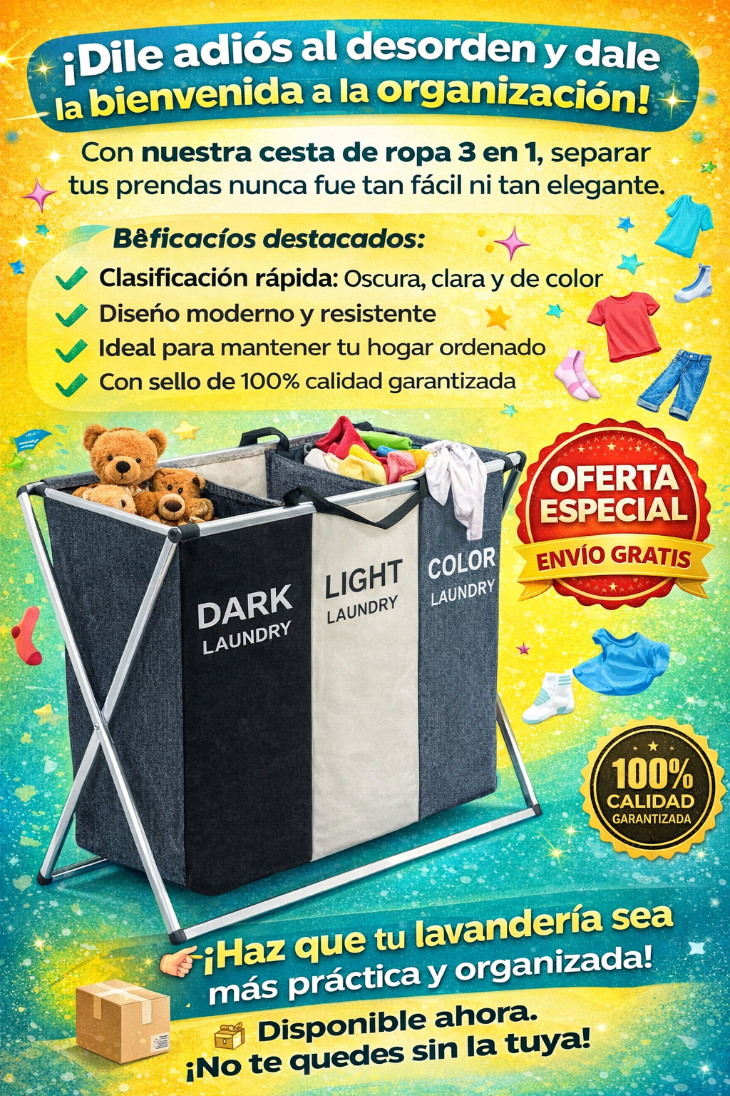Cesta Organizadora de Ropa 3 en 1 – Clasifica Fácil y Rápido 💎
