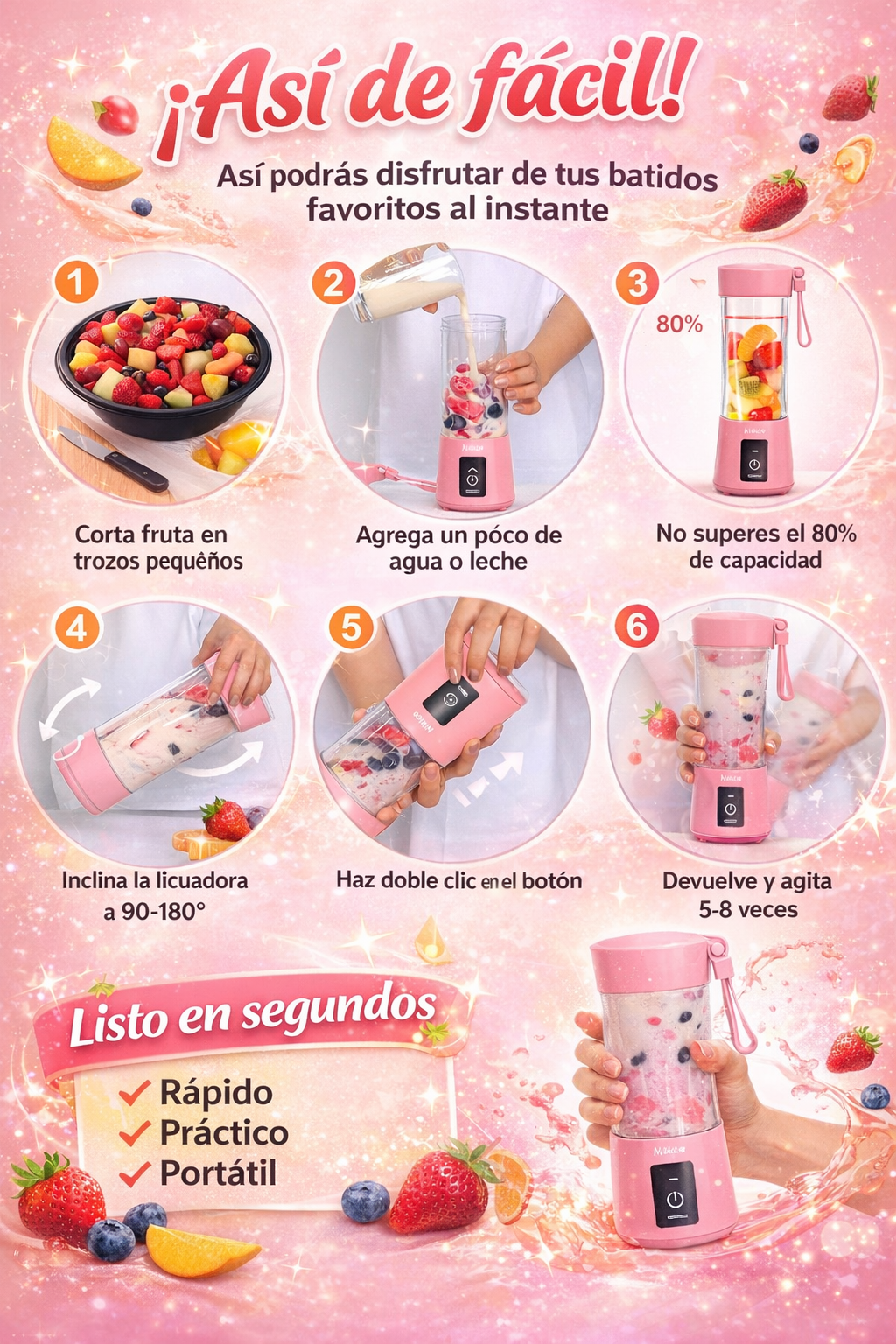 Mini Licuadora Portátil Recargable 380ml – Batidos en 40 Segundos